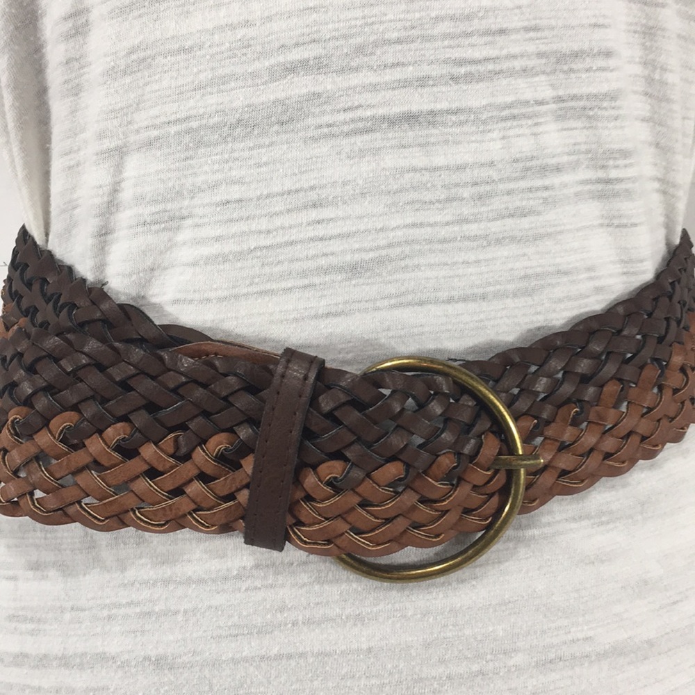 Faux Leather Woven Belt, Light and Dark Brown, S/M
